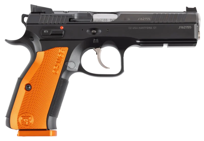 CZ Shadow 2 Orange optics-ready 9mm pistol, 4.89 in barrel, black frame, orange checkered aluminum grips