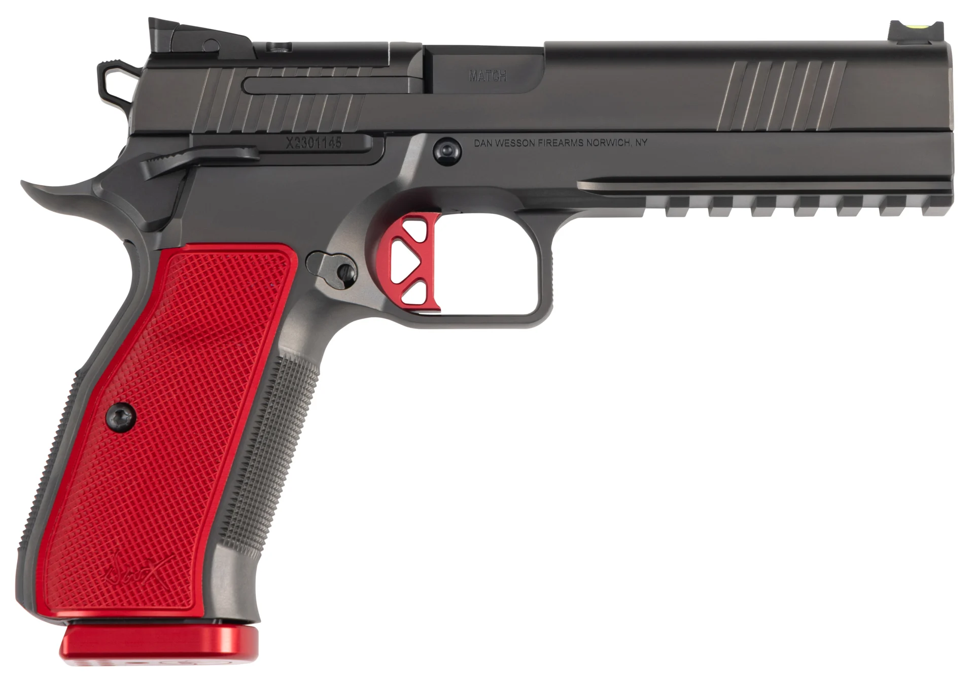 Dan Wesson DWX 9mm pistol black DLC with red aluminum grips and 19-round magazine