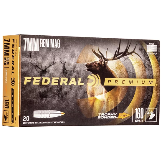 Federal Premium 7mm Rem Mag 160gr Trophy Bonded Tip ammunition box with 20 rounds