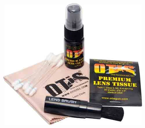 Otis Lens Cleaning Kit with mohair brush, anti-fog cleaner, swabs, tissue, and lens cloth