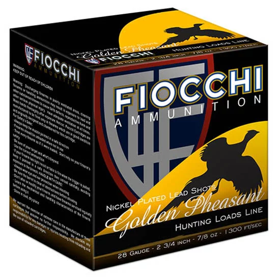 Fiocchi Golden Pheasant 28ga 3in #6 nickel-plated lead shot 25 per box