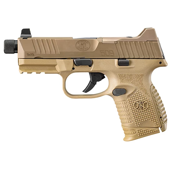 FN 509C Compact Tactical 9mm pistol in Flat Dark Earth with threaded barrel and optics-cut slide