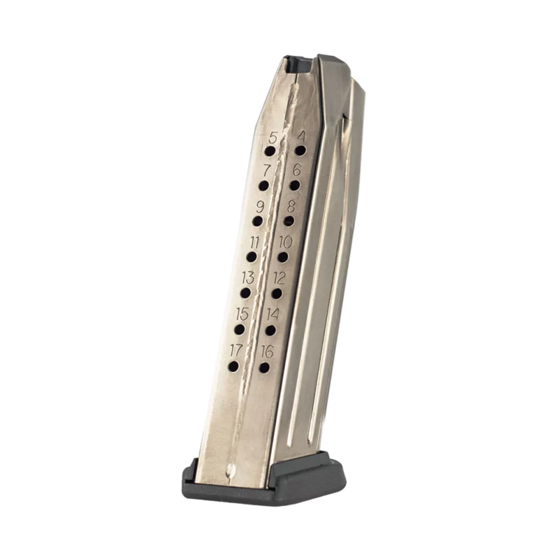 FN FNS-9 17rd 9mm magazine, black steel body, low-friction follower, polymer base pad