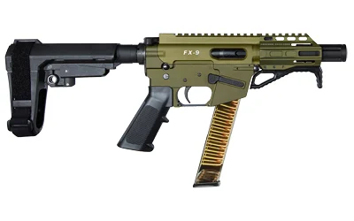 Freedom Ordnance FX9P 9mm pistol with 4-inch barrel and SBA3 brace in olive drab green