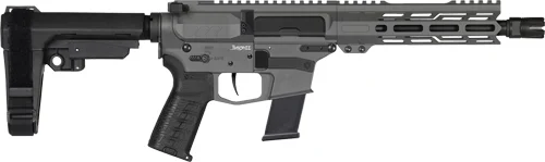 CMMG Banshee Mk10 10mm pistol in tungsten Cerakote with 8-inch threaded barrel and pistol brace