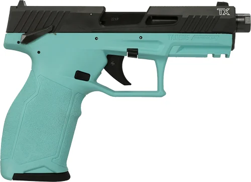 Taurus TX22 .22 LR pistol cyan frame black slide threaded barrel