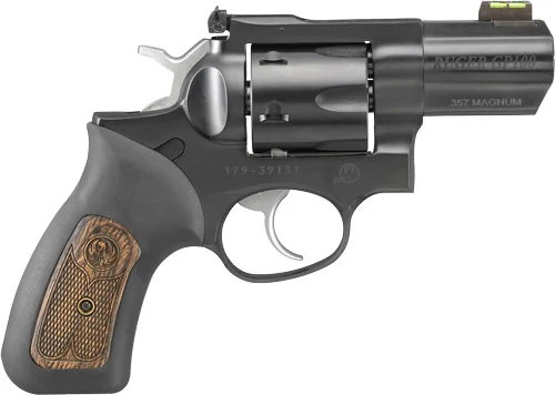 Ruger GP100 TALO blued revolver with Green HiViz front sight and rubber/wood grip
