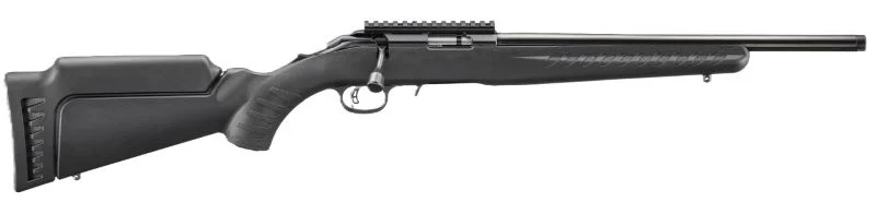 Ruger American Rimfire rifle with black synthetic stock and 16.1-inch threaded barrel