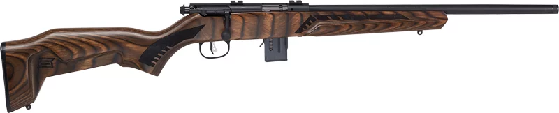 Savage 93R17 Minimalist 17 HMR rifle, 18in black barrel, brown laminate stock