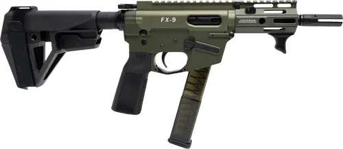 Freedom Ordnance FX9 Elite 9mm pistol with SBA5 brace, green slide and black frame