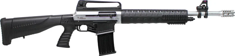 Iver Johnson Stryker 12GA 20-inch semi-auto shotgun with nickel barrel and black synthetic tactical stock