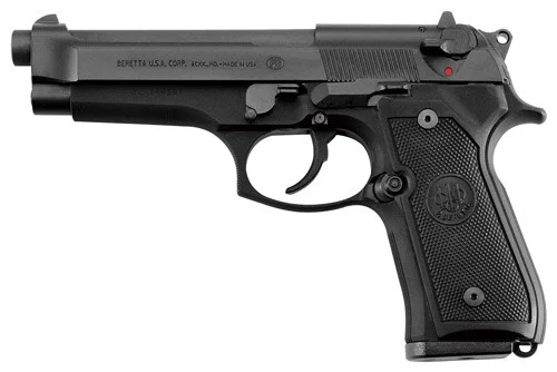 Beretta 92FS 9mm 4.9-inch blued pistol with black polymer grips and white 3-dot sights