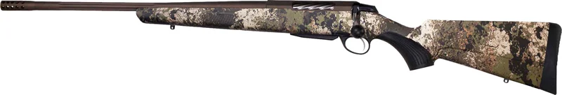 Tikka T3x Lite Veil Wideland left-hand 7mm PRC rifle with bronze Cerakote and camo synthetic stock