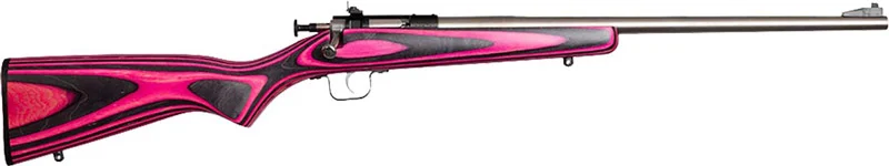 Keystone Crickett Gen 2 .22 LR rifle with pink and black laminate stock and blued barrel