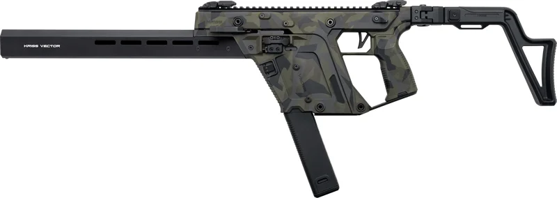 KRISS Vector CRB G3 pistol caliber carbine in Woodland Delta camo with 16-inch barrel and folding stock