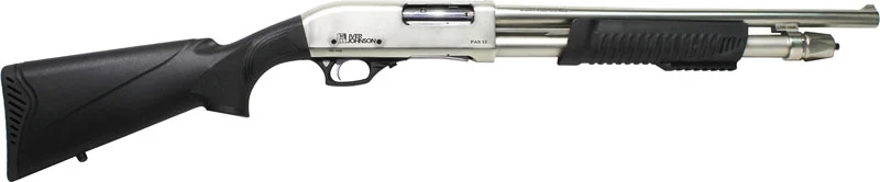 Iver Johnson 12 gauge pump shotgun, 18-inch barrel, satin nickel finish, black synthetic stock