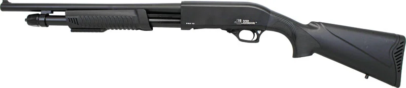 Iver Johnson 12 Gauge pump shotgun, 18 inch barrel, blued finish, black synthetic stock
