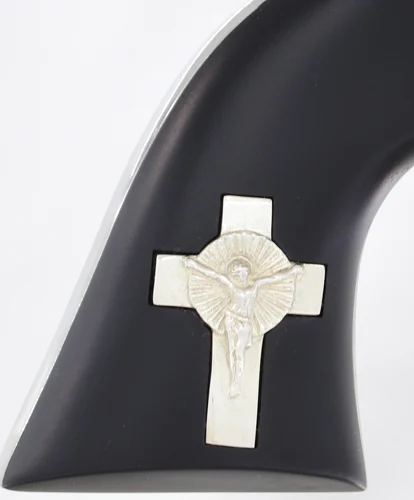 Cimarron Holy Smoker .45 Long Colt 4.75 in revolver, nickel frame, white finish, silver cross inlay