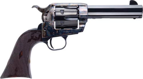 Cimarron El Malo 2 revolver side view, blued octagon 4.75-inch barrel with walnut grips
