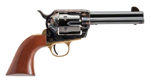 Cimarron Pistolero 4.75in revolver with color case-hardened frame, blued barrel and walnut grip