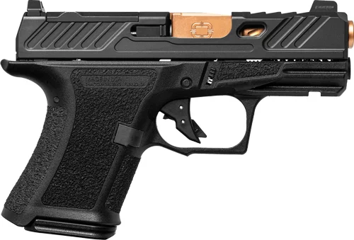 Shadow Systems CR920 Elite 9mm pistol with spiral-fluted bronze barrel and black polymer frame