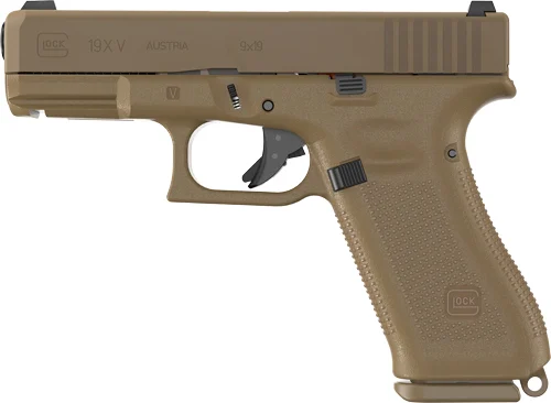 Glock G19X V 9mm coyote brown pistol with serrated slide and night sights