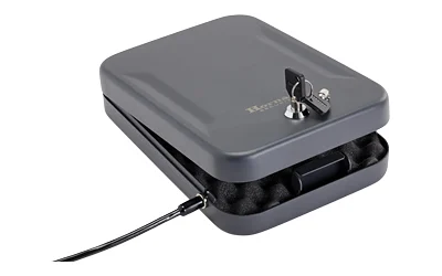 Hornady Lock Box XL black steel key-entry box with security cable and foam interior