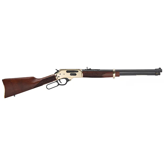 Henry Side Gate lever-action rifle .45-70 with polished brass receiver and American walnut stock