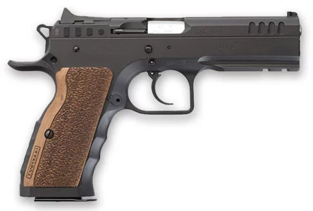 Tanfoglio IFG Stock I 9mm semi-auto pistol with blued steel slide and wood grips
