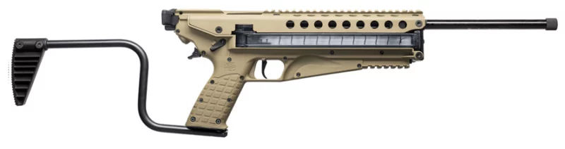Kel-Tec R50 tan 5.7 x 28 mm carbine with 16.10-inch threaded barrel and folding stock