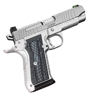 Kimber KDS9c 9mm stainless pistol with gray and black G10 crosshatch grips and optic-ready slide