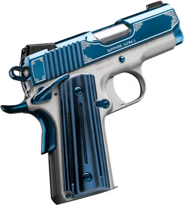 Kimber Sapphire Ultra II 9mm 3-inch pistol with Bright Blue PVD slide and satin silver frame