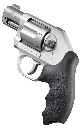 Kimber K6xs .38 Special 2-inch Silver KimPro II revolver with Hogue rubber grip, left profile
