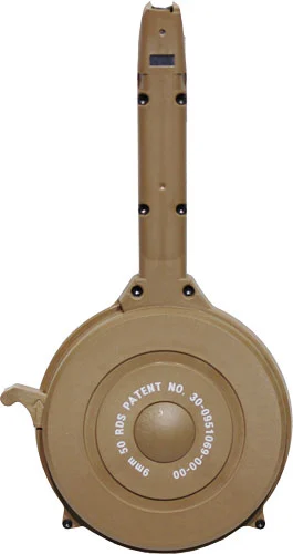 Iver Johnson 50-round tan polymer drum magazine for Glock 9mm, side view
