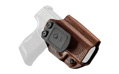 Mission First Tactical brown leather and Kydex hybrid holster for SIG Sauer P365, ambidextrous IWB/OWB