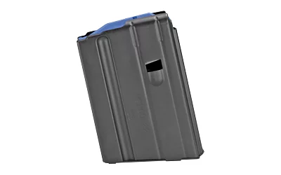 DuraMag 10-round stainless steel AR-15 magazine, matte black finish with blue follower