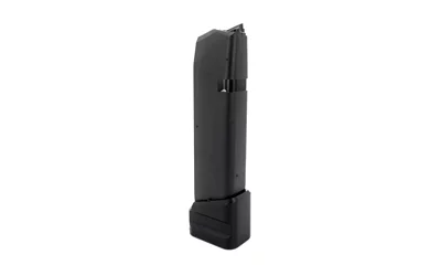 Shield Arms +5 magazine extension installed on a Glock 17 OEM 17-round 9mm magazine, black anodized