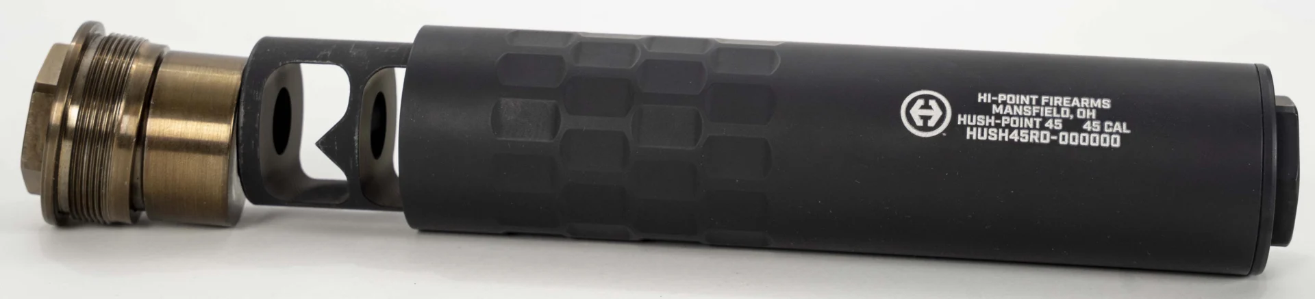 Hi-Point Hush Point 45/9 suppressor in black with 1/2x28 and .578x28 direct thread bases