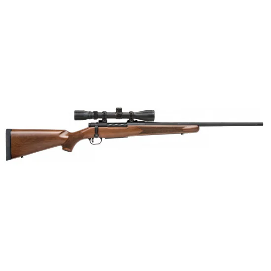 Mossberg Patriot .270 Win bolt-action rifle with 22-inch barrel and walnut stock, matte blue finish, scoped