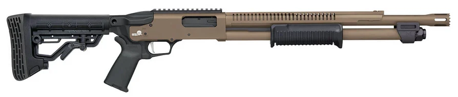 Mossberg 590R 12 Gauge 18.5in FDE Cerakote stand-off pump-action shotgun side view