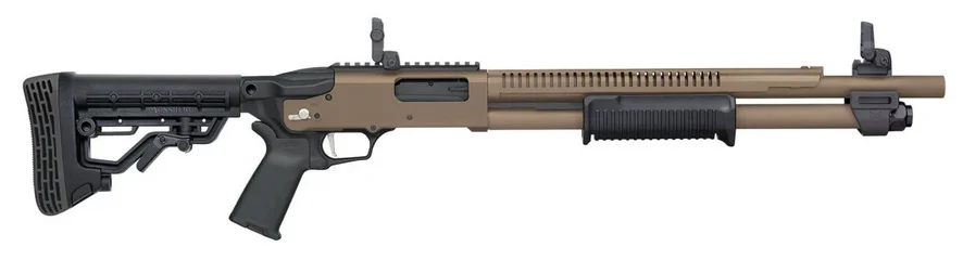 Mossberg 590R 12ga 18.5in FDE Cerakote pump-action shotgun side view