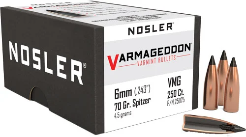 Nosler VarMageddon 6mm .243 70gr flat-base tipped bullets box 250 ct