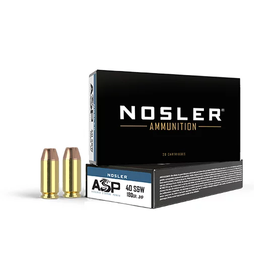 Nosler Match Grade .40 S&W 180 gr JHP ammunition, 50 rounds per box