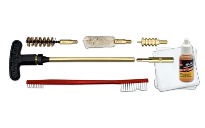 Otis .40 cal / 10mm handgun cleaning kit with brass rod, brushes, patches, and FP-10 CLP