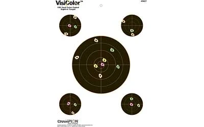 Champion VisiColor 13x18 reactive paper target with five bulls, pack of 10