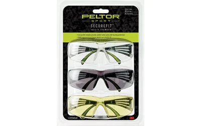 PELTOR SecureFit 400 safety glasses 3-pack clear amber gray black frame