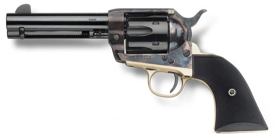 Pietta GWII Gunfighter 9mm revolver 4.75 in case hardened frame brass backstrap black polymer grips
