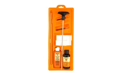 Hoppes U243B clamshell rifle cleaning kit with solvent, oil, rod, brush, and patches