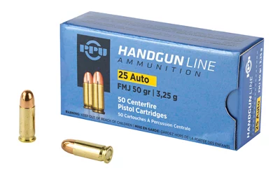 Box of PPU (Prvi Partizan) .25 ACP 50 gr FMJ handgun ammunition, 50 rounds per box