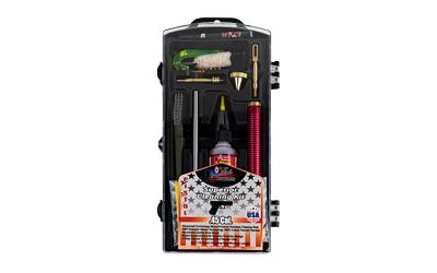 Pro-Shot .45 caliber handgun cleaning kit with brushes, patch holder, and sample cleaners